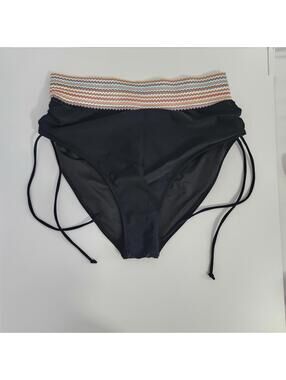 High Waist Black Bikini Bottom with Colorful Waistband and Side Ties